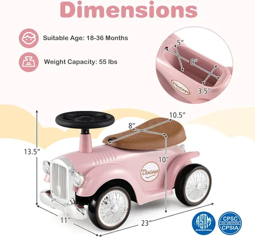 Miniatura 6 de Costzon Coche de Paseo con Empuje para Niños Pequeños, Coche Clásico para Niños con Piso Deslizante de Pie a Piso con Volante, Claxon