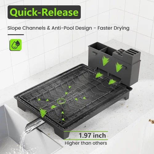 Miniatura 3 de Escurridor de platos plegable de 2 niveles con bandeja, organizador de cocina de gran capacidad en acero inoxidable con soporte para tazas