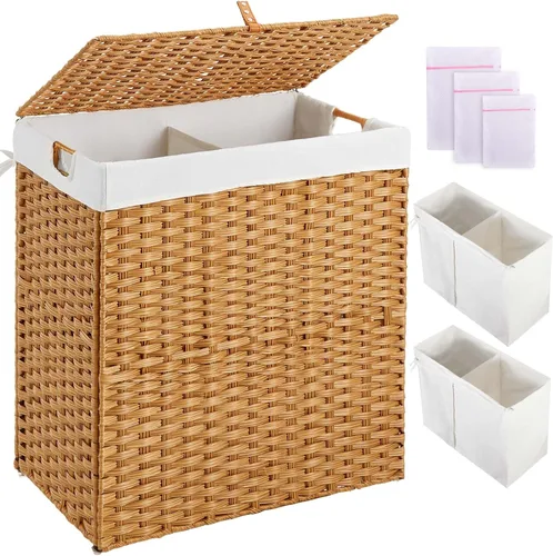 Miniatura 19 de Greenstell Cesta para la ropa sucia con 2 bolsas de forro extraíbles – Cesta de ropa dividida de 90 L, cesta de lavandería plegable de ratán Gris