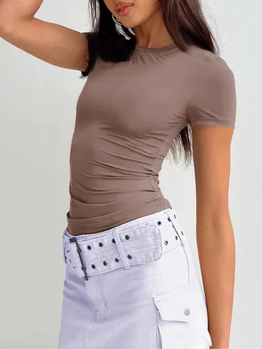 Miniatura 3 de Trendy Queen Camisetas básicas para mujer, cuello redondo, manga corta, lindas camisetas de verano, ajustadas, ropa Y2K