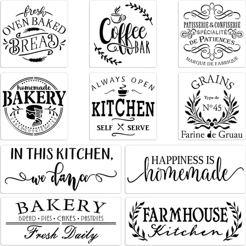 10 juegos de plantillas de cocina de granja, plantillas de pintura de letrero rústico de panadería casera para decoración de pared de comedor del