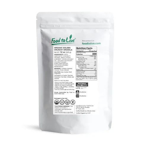 Miniatura 2 de Food to Live Granola crujiente dorada orgánica, 12 onzas, lote pequeño, hecha a mano, a granel, ideal como aperitivo para cereales de desayuno