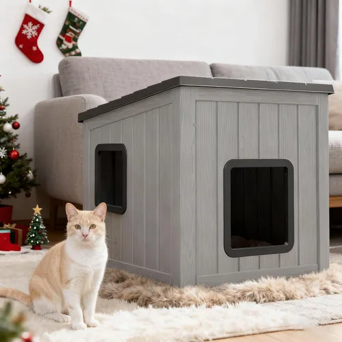 Miniatura 16 de KAMABOKO Casa para gatos al aire libre, refugio de plástico PP resistente a la intemperie para uso en interiores y exteriores, casa duradera