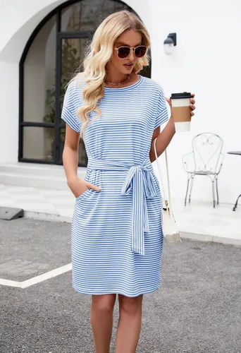 Miniatura 6 de MEROKEETY - Vestido de verano con manga corta, a rayas, casual, estilo camiseta, con lazo en la cintura y bolsillos, para mujer