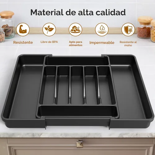 Miniatura 4 de ukeetap Organizador de cubiertos expandible extragrande, sin BPA, apto para alimentos, organizador de cajones de utensilios de cocina, soporte Negro