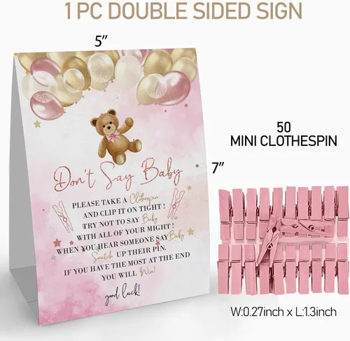 Miniatura 3 de Cartel de juego Don't Say Baby Clothespin (1 letrero + 50 mini pinzas para la ropa), juego de decoración de baby shower con globo de oso rosa rosa