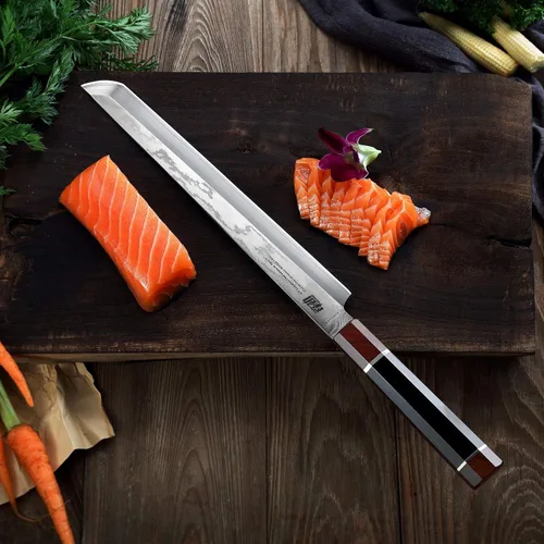 Miniatura 6 de FINDKING Cuchillo Sakimaru de la Serie Prestige con Funda de Nogal, Hoja de Acero Damasco Japonés SKD11, Mango Octagonal de Madera de Ébano
