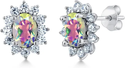 Miniatura 274 de Gem Stone King Aretes ovalados de plata de ley 925 de 0.276 x 0.197 in con piedra natal de la princesa Diana, estilo halo real para mujeres