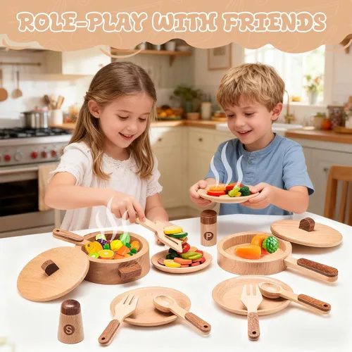 Miniatura 2 de WHOHOLL Juego de cocina de madera con platos y platos, juguetes de cocina para niños de 3, 4, 5, 6, accesorios de cocina Montessori, incluyendo