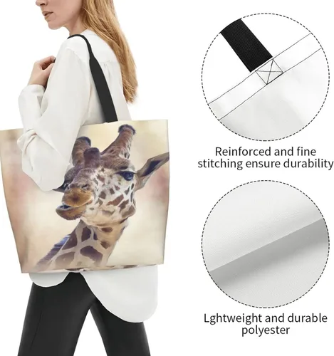 Miniatura 5 de Bolso de hombro para mujer, divertido bolso de viaje con cara de jirafa, bolsa de almacenamiento reutilizable con asa