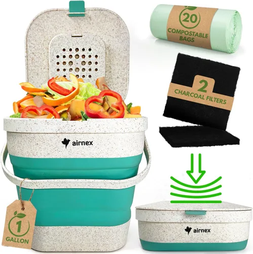 AIRNEX Contenedor de Compost Pequeño Plegable con Tapa - Cubo de Compost de 1 Galón Caddy para Residuos de Alimentos Hecho de Paja de Trigo - Verde