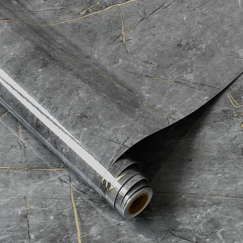 BOMENG Papel Pintado de Mármol Gris 16"x80" Cubiertas de Encimera Brillantes para Despegar y Pegar, Papel de Contacto de Mármol Dorado Grueso, Papel