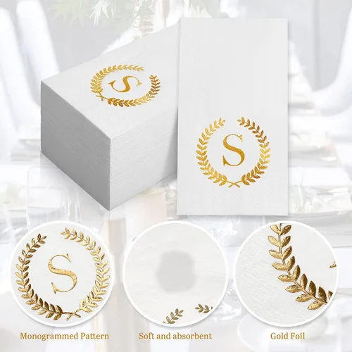Miniatura 4 de Paquete de 200 servilletas desechables con monograma de papel de aluminio dorado con letra S, toallas de papel desechables para boda, compromiso