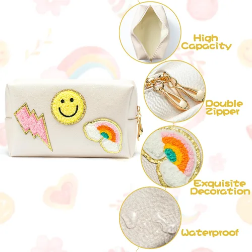 Miniatura 4 de LieToi Preppy Patch - Bolsa pequeña de cosméticos para artículos de tocador, de piel sintética, impermeable, portátil, bolsa organizadora de viaje