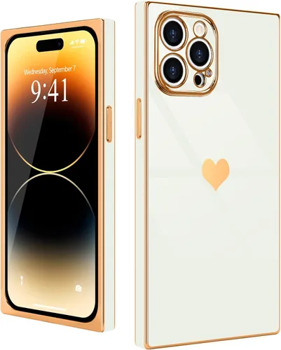 Miniatura 20 de Compatible con iPhone 12 Funda Rectangular Bonita Chapado Dorado Lujo Corazón de Amor Funda de Teléfono para Mujeres Niñas A Prueba de Golpes