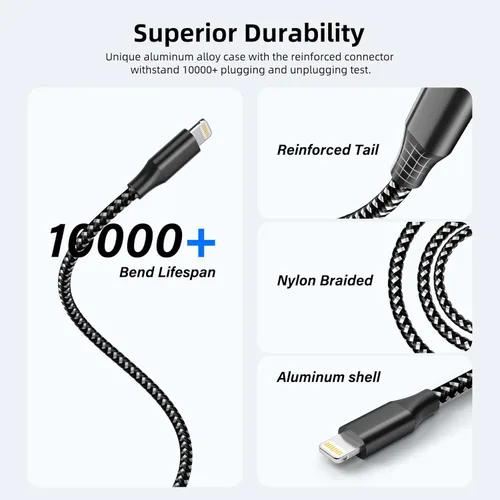 Miniatura 5 de Cable de carga para iPhone de carga rápida, paquete de 3 unidades de 10 pies, cable Lightning certificado MFi de Apple, cable de carga para iPhone