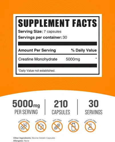 Miniatura 2 de BulkSupplements. com Creatina Monohidrato Cápsulas – Monohidrato de creatina micronizada, nutrición deportiva – 7 cápsulas por porción, 5000 mg, sin