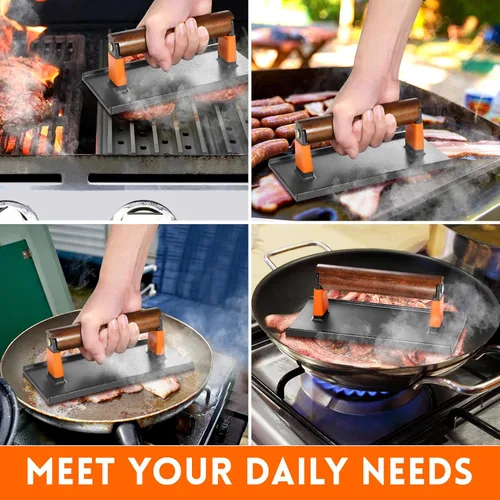 Miniatura 6 de GGC Prensa de tocino para plancha, prensa de hamburguesa de hierro fundido para hamburguesas, bistec, tocino, sándwiches, prensa rectangular