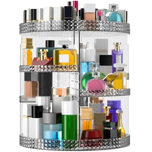 Miniatura 8 de Organizador de maquillaje giratorio grande de 360 grados para mostrador, organizadores de maquillaje acrílico azul, organizador de perfumes
