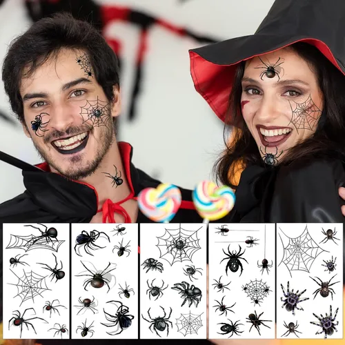 Miniatura 3 de XIYOKA 80 piezas de tatuajes temporales de telaraña de Halloween, kit de maquillaje de Halloween para mujeres adultas, tatuajes faciales realistas