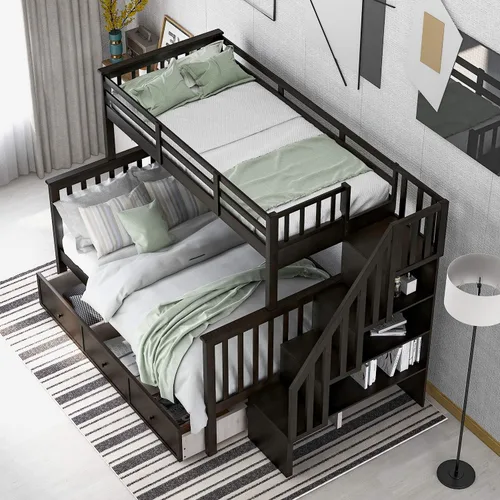 Miniatura 7 de Literas de escalera individual sobre matrimonial con escaleras de almacenamiento de 4 escalones y cajones debajo de la cama, color espresso