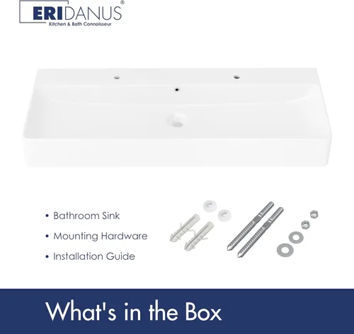 Miniatura 6 de Eridanus Lavabo de Baño Rectangular 43" x 16", Lavabo Vasija de Cerámica Vítrea de Dos Orificios, Montaje en Encimera y Pared, Lavabo Flotante