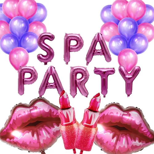 Miniatura 7 de 32 piezas de globos de decoración de fiesta de spa, temática de spa, suministros para fiesta de cumpleaños, cosméticos de lápiz labial, globos