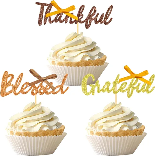 Miniatura 12 de 24 adornos de otoño para cupcakes para decoración del día de Acción de Gracias, lazo con purpurina para pasteles Thankful Blessed Grateful