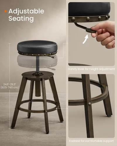 Miniatura 5 de Taburetes de bar SONGMICS Home, juego de 2, taburete de mostrador Steampunk para cocina, altura ajustable y asiento acolchado giratorio, taburete