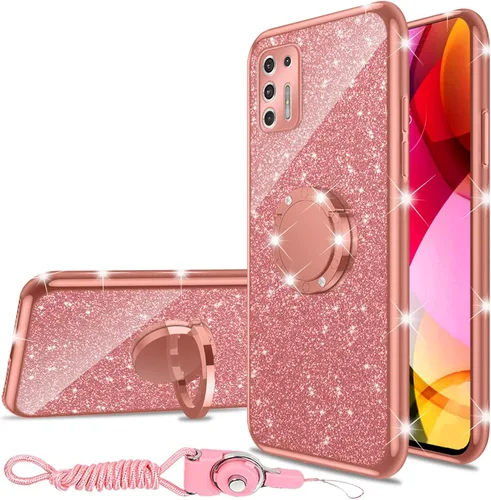Miniatura 17 de nancheng Funda de teléfono con purpurina para Motorola Moto One 5G Ace (One 5G UW Ace) funda de TPU suave con anillo giratorio de 360°, funda