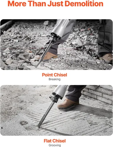 Miniatura 3 de VEVOR Martillo de demolición Jack Hammer, MAX 2200W Martillo eléctrico resistente, rompedor de concreto 1350 BPM 2 piezas de cinceles para astillas