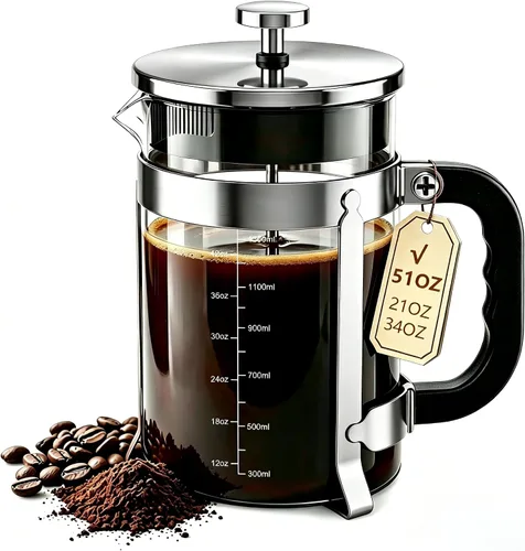 Miniatura 13 de QUQIYSO Cafetera de prensa francesa de acero inoxidable 304 con 4 filtros, resistente al calor, duradera, fácil de limpiar, prensa de café de vidrio