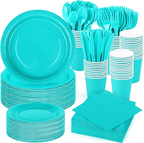 Durony 350 piezas, suministros para fiestas azul teja, juego de vajilla de papel platos de papel tazas servilletas para 50 invitados para Azul