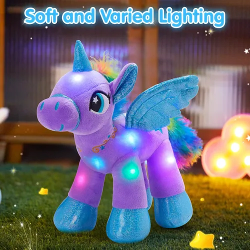 Miniatura 2 de Houwsbaby Peluche de unicornio con luz LED púrpura de 14 pulgadas, juguete de peluche de unicornio, juguete de peluche de caballo brillante, luz