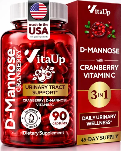 VitaUp D-manosa con arándano y vitamina C - Cápsulas de D-manosa 1000 mg fabricadas en EE. UU. - Pastillas de arándano para el tracto urinario y la