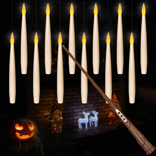 Leejec Velas Flotantes con Control Remoto de Varita Mágica (Temporizador de 6/18H), 12 piezas Velas Cónicas Colgantes Sin Llama de 6.1", Luz Cálida