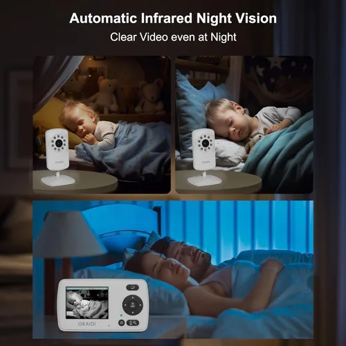Miniatura 8 de OKAIDI Monitor de video para bebés con 2 cámaras, pantalla de viaje portátil de 2.4 pulgadas, transmisión de largo alcance de 1000 pies, monitor