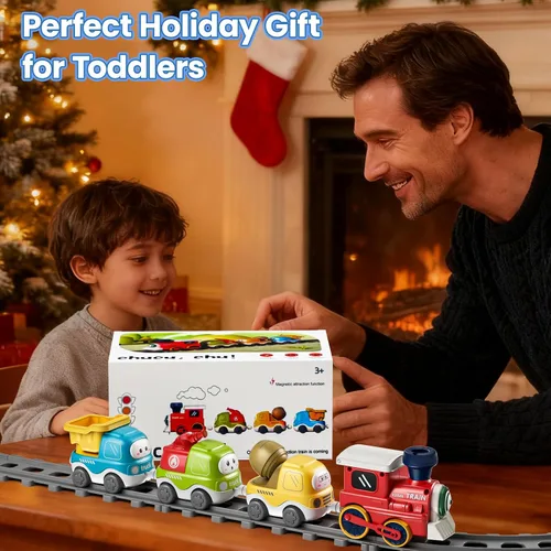 Miniatura 7 de Juego de tren eléctrico para niños pequeños con sonido y luces, juguetes de tren de conexión magnética con pistas y señales de tráfico, regalo