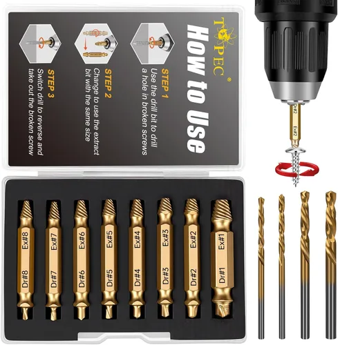 Topec Juego de 12 extractores de tornillos pelados, regalo para hombres, juego de extractor de tornillos fácil de sacar y brocas para quitar tuercas