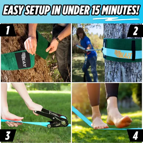 Miniatura 4 de Kit Completo de Slackline Ninja – Línea de slackline de 60 pies de largo para patio trasero para niños y adultos con correas de trinquete, Azul
