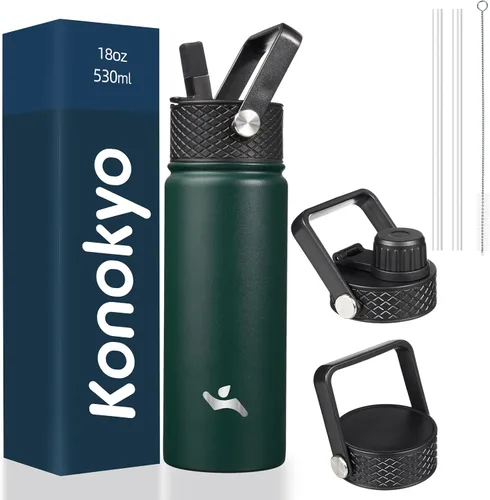 Konokyo - Botella de agua aislada de 18 onzas, botellas deportivas de acero inoxidable con 3 tapas, verde militar