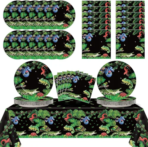 Suministros para fiesta de cumpleaños de serpiente de reptil, sirve 24 platos de papel para fiesta de lagarto, servilletas, mantel de serpiente,