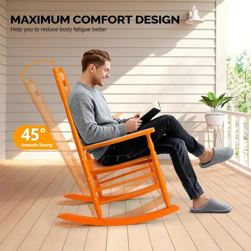 Miniatura 6 de VINGLI Mecedora de madera, silla para exteriores con soporte de 450 libras, balancín relajante con asiento de respaldo alto de madera maciza
