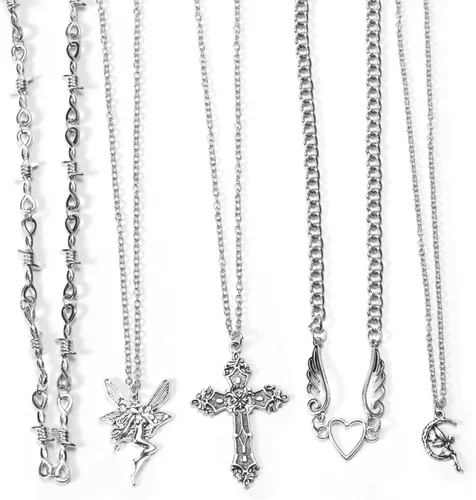 Miniatura 8 de Juego de 10 piezas de collar Y2k para mujer, accesorios góticos grunge, collares de joyería, cruz gótica, espinas de hadas, ángel gótico, corazón