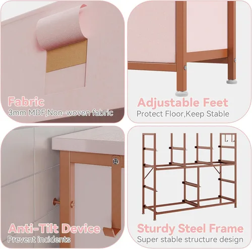Miniatura 6 de Jojoka Cómoda para dormitorio, cajón de almacenamiento de tela con 10 cajones, aparadores y cómoda con bolsillos laterales, ganchos, mesa de madera