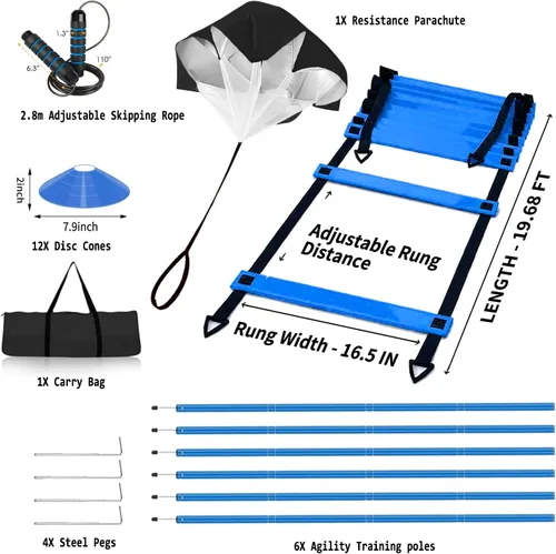 Miniatura 2 de Vztipki Speed & Agility Training Equipment-20ft Agility Ladder, 6 Poles, 12 Soccer Cones, Resistance Parachute, Jump Rope, Soccer Football