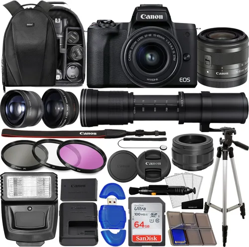 Canon EOS M50 Mark II SLR digital sin espejo con lente de 0.591-1.772 in (negro) + lente Super Zoom de 16.535-31.496 in, lente gran angular, lente