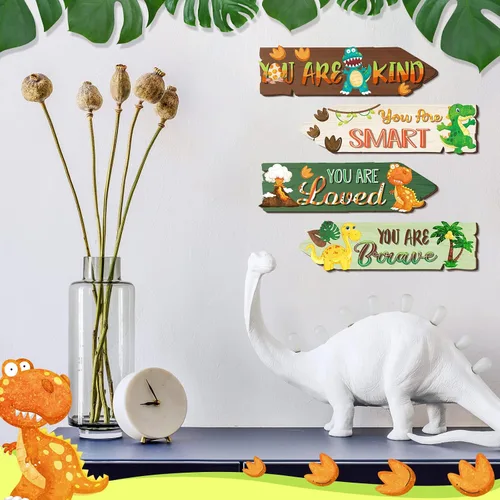 Miniatura 5 de Qunclay 4 piezas de decoración de dinosaurio de madera para niños, letrero de dinosaurio de madera, decoración de pared, acuarela, impresiones