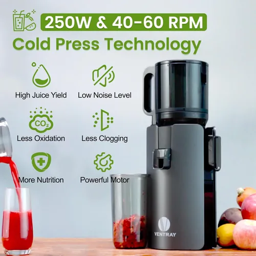 Miniatura 4 de Ventray Exprimidor de prensa en frío, máquina exprimidora lenta con canal de alimentación de 4.7 pulgadas de ancho para verduras y frutas enteras