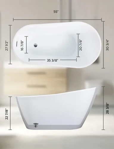 Miniatura 7 de Zevemomo Bañera independiente, bañera de baño de acrílico de 55 pulgadas con desbordamiento acabado de níquel cepillado y drenaje antiobstrucción
